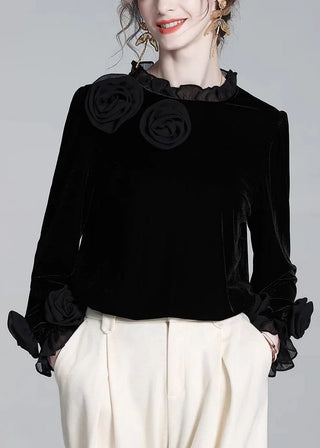 Bluse med blomsterapplikation i velour