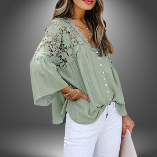 Bluse med Blonde og Knapper
