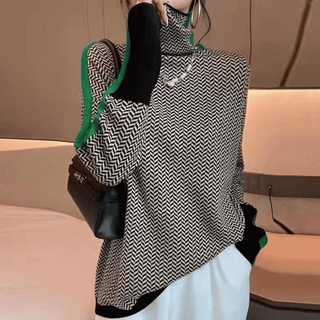 Mønstret Striktrøje | Høj Krave | Grafisk Look med Farvedetaljer