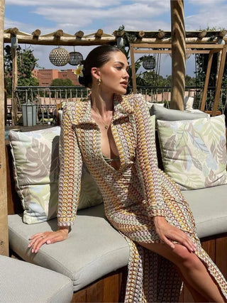 Mønstret Lang Kjole med Krave