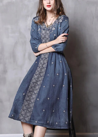 Broderet Denimlook Midikjole