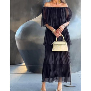 Off-Shoulder Maxikjole med Plissering