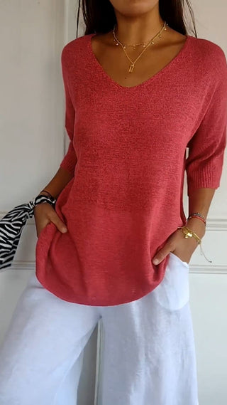 Strikket V-hals Bluse | Viskosemix | Let og Feminint Design