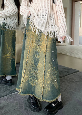 Grafisk Denimnederdel med Nitter