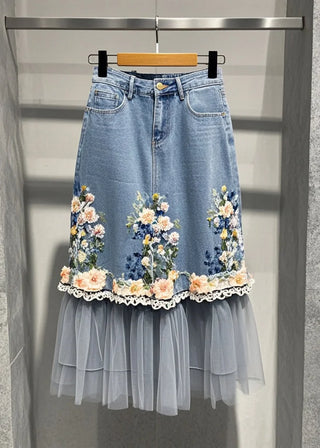 Blomsterbroderet Denim Nederdel med Tyl