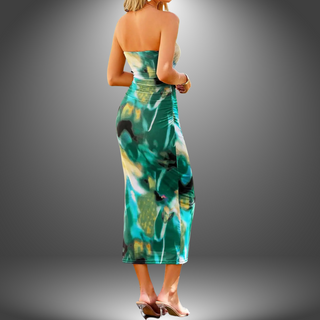 Farverig Strapless Kjole med Blomster eller Mønster