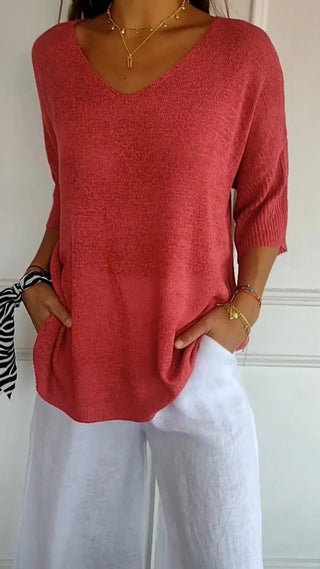 Strikket V-hals Bluse | Viskosemix | Let og Feminint Design
