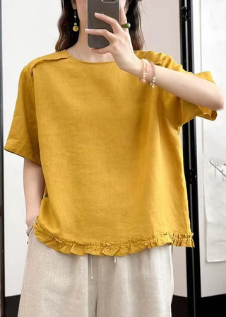 Linned Top med Ruffle Detaljer
