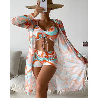Bølget Bikini Sæt med Kimono