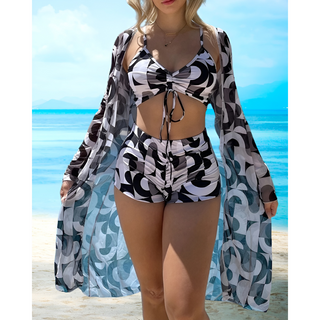 Bølget Bikini Sæt med Kimono