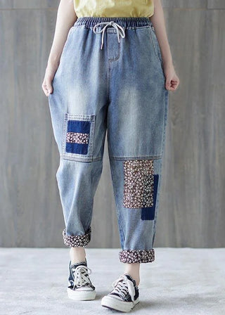 Løse Denim Jeans med Farverige Lapper og Elastisk Talje