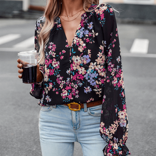 Blomstret Bluse med Flæser
