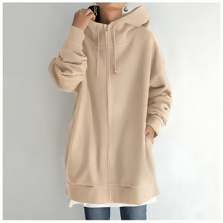 Lang Hoodie med Lynlås og Hætte