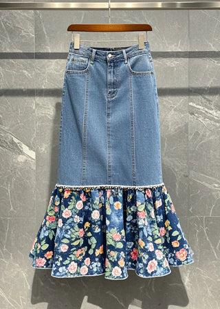 Blomsterprint Denim Nederdel med Flæser