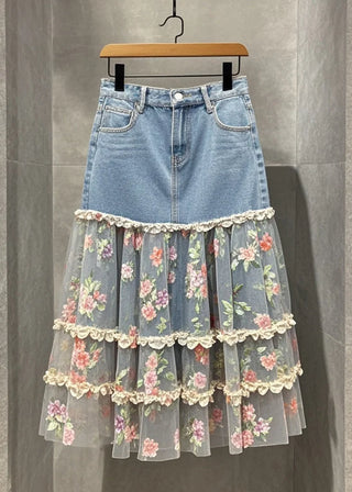 Blomsterblonde Lagdelt Denim Nederdel