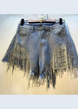 Denimshorts med Rhinstenfrynser
