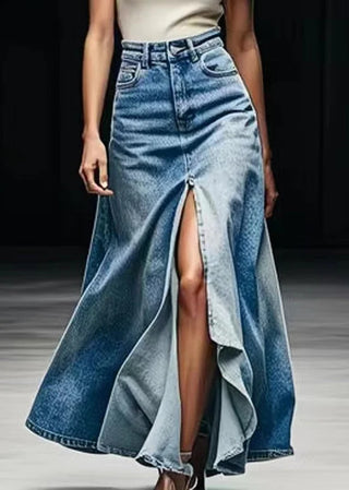 Høj Talje Denim Nederdel med Slids