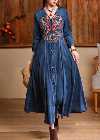 Broderet Denim Kjole med Knapper