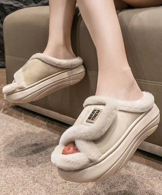 Beige Platform Slippers med Pelsdetalje