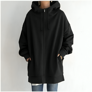 Lang Hoodie med Lynlås og Hætte