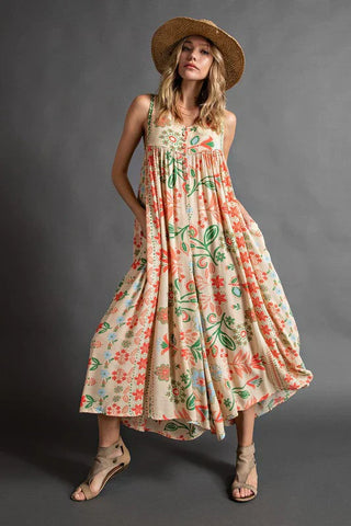 Boho blomster jumpsuit i løs pasform