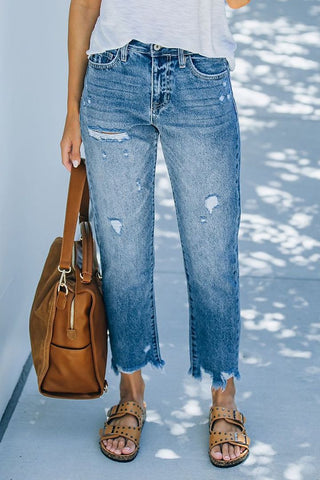 Cropped mom jeans med rå kant