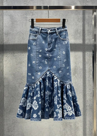 Blomsterbroderet Denim Nederdel med Flæser