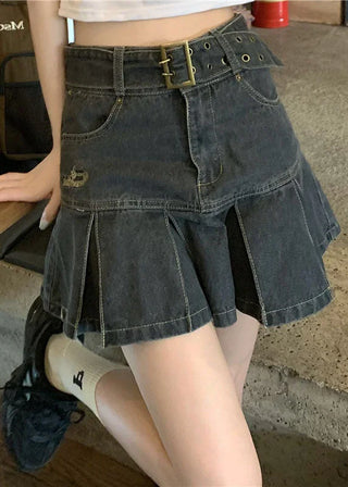 Sort denim mininederdel med bælte