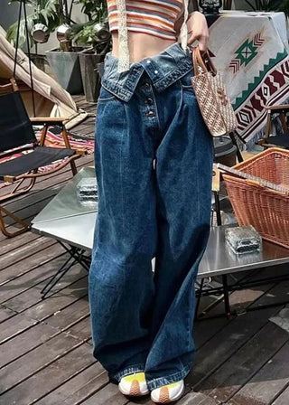 Løse Denim Bukser med Høj Talje og Bælte