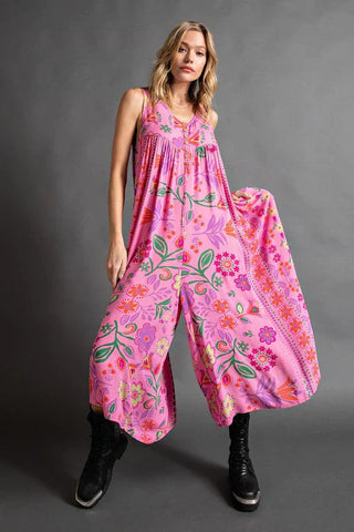 Boho blomster jumpsuit i løs pasform