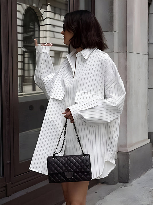 Oversized Stribet Skjortekjole | Hvid | Urban Sofistikering | Bomuldsblanding