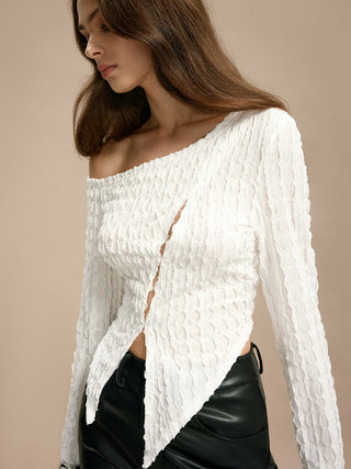 Asymmetrisk Strikbluse med Cutouts | Moderne & Edgy | Struktureret Stof
