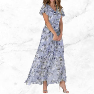 Lang blomsterkjole med flæseærmer
