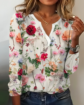 Blomstret Bluse Med V-Hals