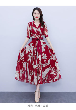 Midikjole med Bælte og Blomstermønster