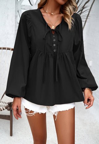 Bluse med Bindebånd og Knapper