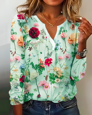 Blomstret Bluse Med V-Hals