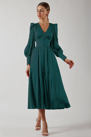 Elegant Satin Kjole | Langærmet | Midi | Knapdetaljer