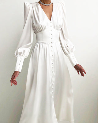 Elegant Satin Kjole | Langærmet | Midi | Knapdetaljer