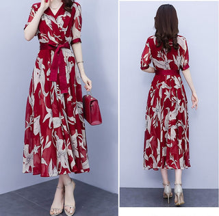 Midikjole med Bælte og Blomstermønster