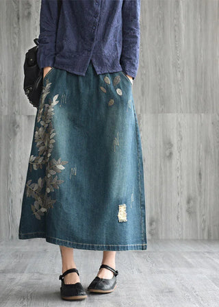 Broderet Denim Nederdel