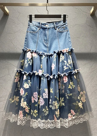 Denim og Tyll Nederdel med Blomsterprint