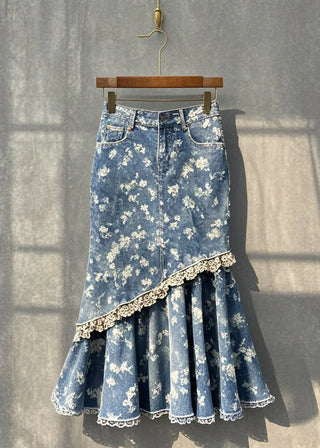 Blomsterbroderet Denim Nederdel med Asymmetrisk Flæse