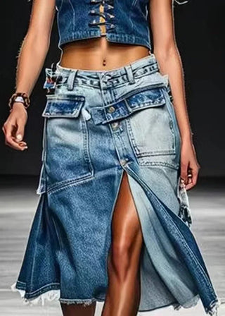 Denim Nederdel med Slids og Lommer