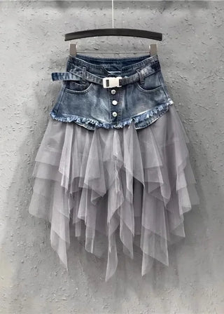 Denim-Tyl Skørt med Asymmetrisk Lag