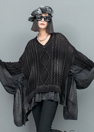 Sort Kabelstrik Sweater med Læderdetaljer