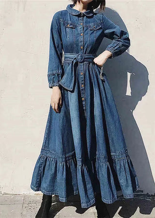 Denim Kjole med Krave og Bælte
