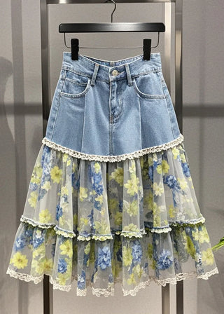 Blomsterbroderet Lagdelt Denim Nederdel