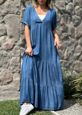 Denim Kjole med Rynkede Detaljer