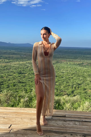 Mønstret Lang Kjole med Krave